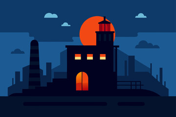 Lighthouse scene at night with moon and buildings
