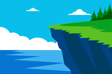 Cliffside view with trees clouds and blue waterscape