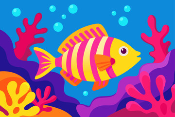 Cartoon fish with stripes in a colorful coral reef