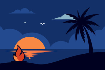 Evening scene with palm tree fire and setting sun