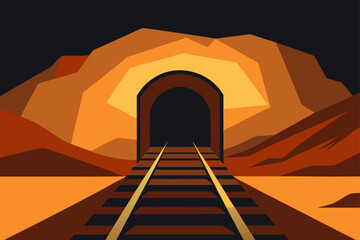 A train track leading into a dark mountain tunnel