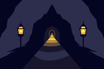 A dark cave entrance lit by two glowing lanterns