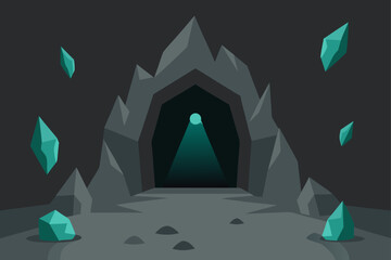 Illustration of a dark cave with glowing crystals