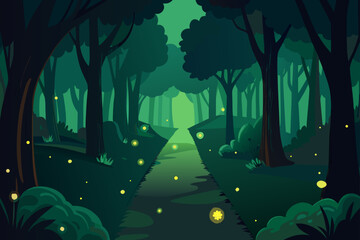 Path through a dark forest with glowing fireflies