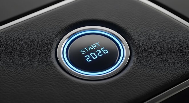 Start 2026 illuminated button on textured black surface close up view