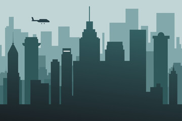 Fototapeta premium City skyline with airplane flying over the buildings