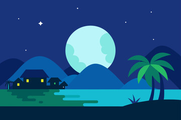 Naklejka premium Night scene with moon houses and palm trees vector