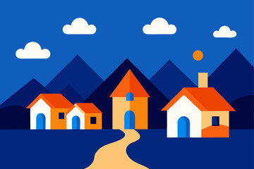 Fototapeta premium Illustration of houses under a night sky landscape