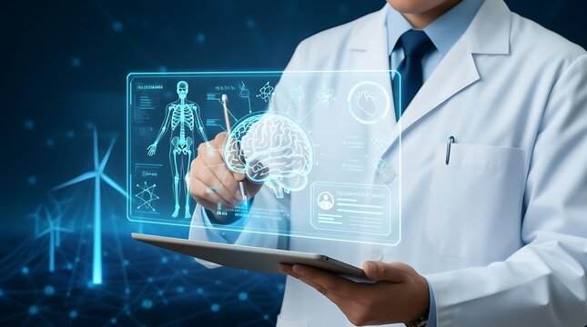 A doctor examines a holographic display of the human brain and body, with wind turbines in the background, representing medical innovation and sustainable technology - Powered by Adobe