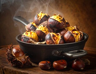 Roasted chestnuts in a pan, steaming