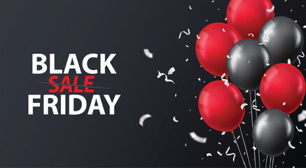 Black friday sale design with black, red balloons and silver confetti