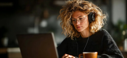 Focused woman with glasses and headphones immersed in work. she is engrossed in using laptop. This image captures the modern workplace, distance education, and the focus required for digital tasks. 