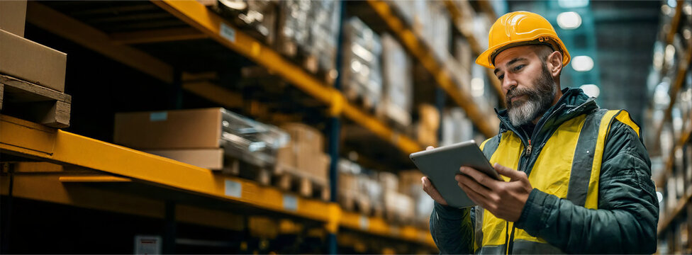 A focused warehouse worker with safety gear, reviews inventory details on a tablet in a vast storage facility. The scene captures industrial precision and the diligent management of logistics.