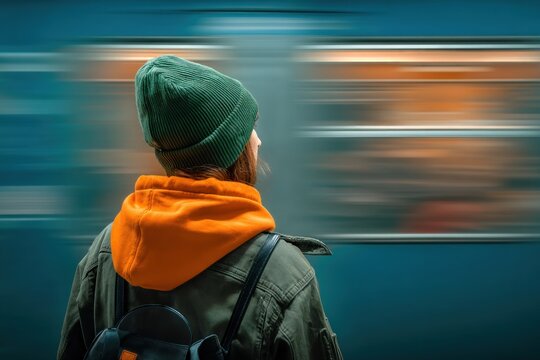 Rear view of a person with beanie and hoodie watching blurred train speeding by