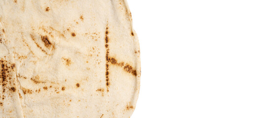 Thin lavash isolated on white background. Armenian unleavened lavash. Lavash as textured bread background.	