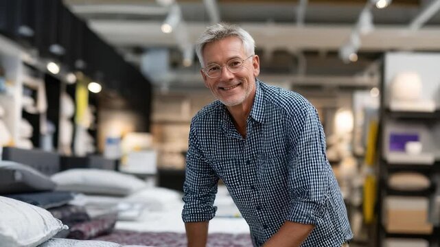 Smiling man in a blue checkered shirt leaning on a bed in a mattress showroom.