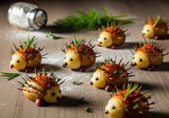 Cute hedgehog appetizers made from potatoes and decorated with rosemary sprigs and dill on a wooden table