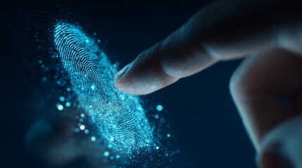 A close-up of a finger gently touching a glowing digital fingerprint, symbolizing security and technology.