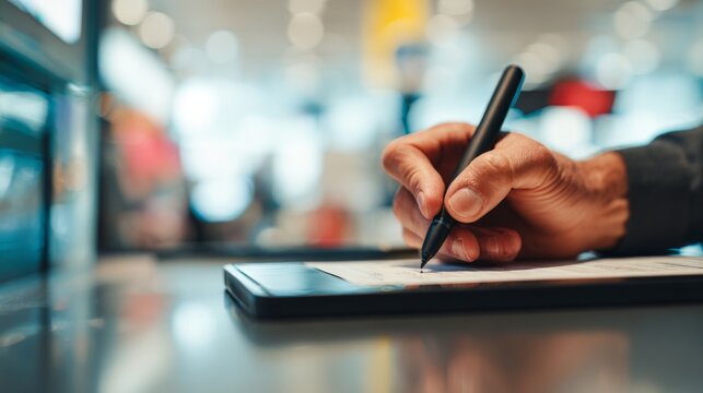 A close-up of a man's hand writing on a digital tablet at a lively workspace.