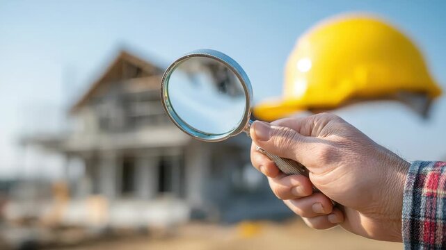engineer use magnifying glass inspecting construction new house.inspecting construction and quality assurance new house. Engineers or architects or contactor work to build the house.
