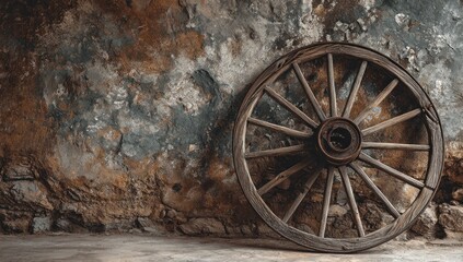 Rustic antique wooden wagon wheel leaning against a textured, aged and weathered wall