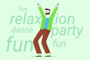 Person joyfully dancing with arms raised high, embodying spirit of fun and relaxation. Words related to celebration and enjoyment, creating lively atmosphere