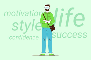Man in green shirt and glasses standing with his arms crossed, exuding confidence. Words like motivation, style, and success, highlighting inspiring theme