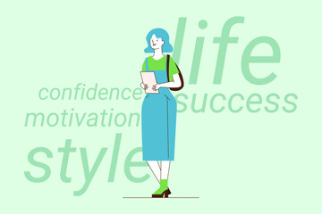 Woman standing confidently with folder in her hands. She dressed in stylish outfit and radiating motivation and success