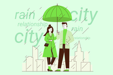 Couple standing under large green umbrella, sharing moment in rain. People dressed in stylish rain attire, creating cozy atmosphere