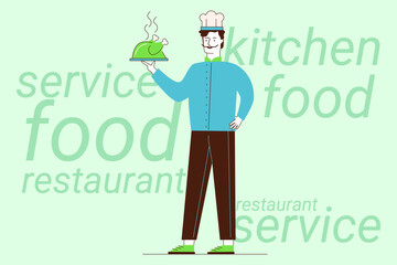 Chef standing proudly in colorful kitchen, presenting steaming dish. Culinary creativity and service concept