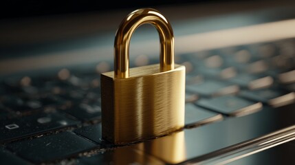 A shiny brass padlock placed on a black keyboard, symbolizing security and protection in digital spaces.