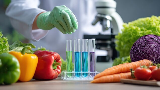 Scientist's hands in gloves analyze vegetables with colorful liquids, a microscope, and produce - Powered by Adobe