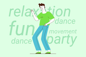 Person with cheerful expression dancing joyfully, showcasing movements expressing relaxation and fun at lively party. Energy and excitement concept