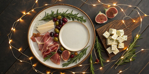 Christmas charcuterie board with cured meat and cheese combined with figs, olives, and rosemary decorated by string lights and pine cones with empty plate for copy space in center.