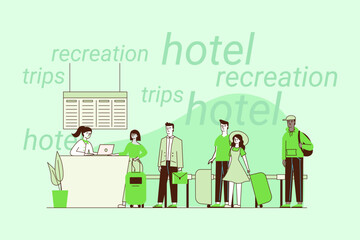Group of travelers checking in at hotel reception desk. Guests interacting with hotel staff with luggage nearby