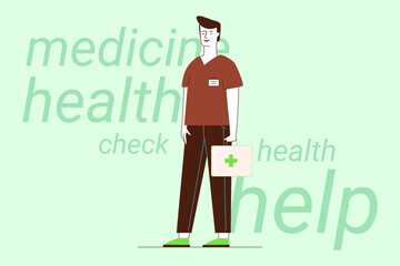 Healthcare worker standing ready to help with health services. He holding bag symbolizing medicine and healthcare support. Health concept