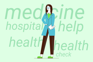 Healthcare worker standing confidently, ready to assist. Keywords related to health, medicine, and support prominently displayed
