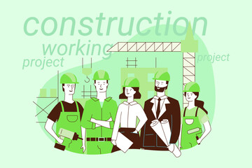 Group of six construction workers standing together at project site. People wearing hard hats and safety gear while discussing plans