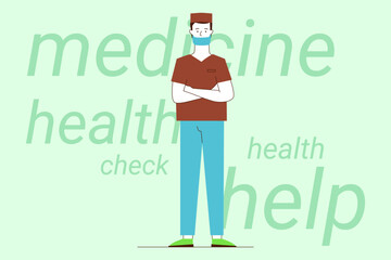 Health professional standing confidently with crossed arms. He wearing medical uniform and mask, symbolizing care and readiness to provide health services in need