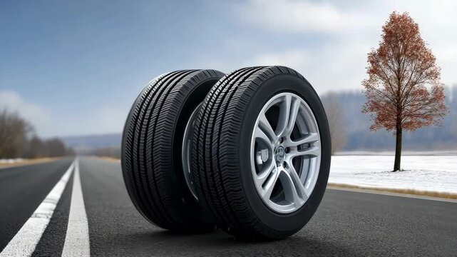 Explore tire innovation on a snowy road with scenic surroundings and cutting-edge designs for better traction and performance