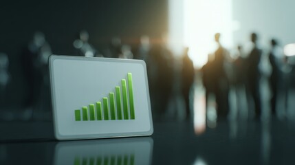 A digital tablet displaying a growing bar graph, symbolizing business growth, with blurred figures of professionals in the background.