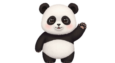 A cartoon panda bear is standing and waving on a white background