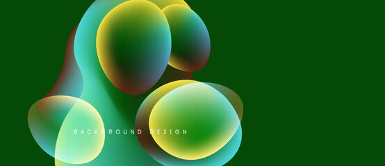 Abstract colorful shapes overlap green background. Gradient hues create dynamic visual effect. Modern design element for projects.