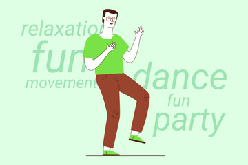 Man dressed in green shirt and brown pants enjoying dancing in light, cheerful environment. He moving with joy, embodying relaxation and fun in his dance