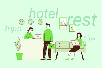 Receptionist assisting guest in hotel lobby, while another person sitting on sofa reading brochure. Space decorated simply with plants and artwork