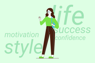 Woman standing confidently, dressed in green top and brown pants. She interacting cheerfully, surrounded by words inspiring motivation and success