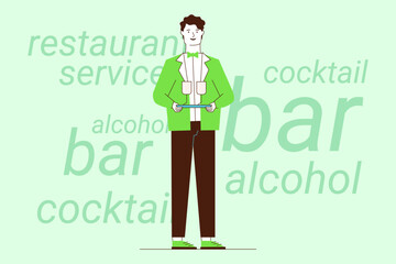 Man standing at bar, holding cocktail menu. He wearing green jacket, ready to assist customers with drink selections