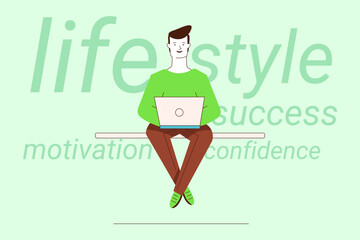 Man in green sweater sitting on bench, using laptop while surrounded by words like success, motivation, and confidence