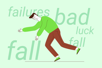 Man dressed in green sweater and brown pants slipping or falling in lighthearted illustration. Text like failures, bad, and luck in background