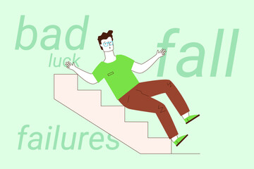 Man wearing glasses and green shirt slipping down staircase, depicting moment of mishap. Surprised man losing his balance and falling
